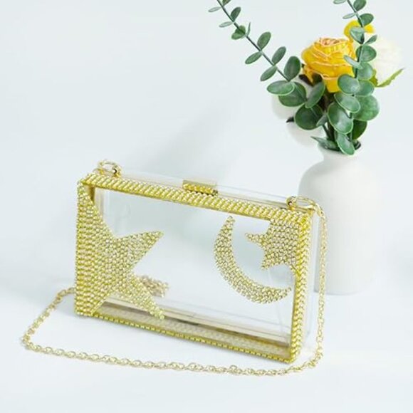 Neiman Marcus Gold Acrylic Moon and Star Rhinestone Chain Bag - Picture 4 of 5